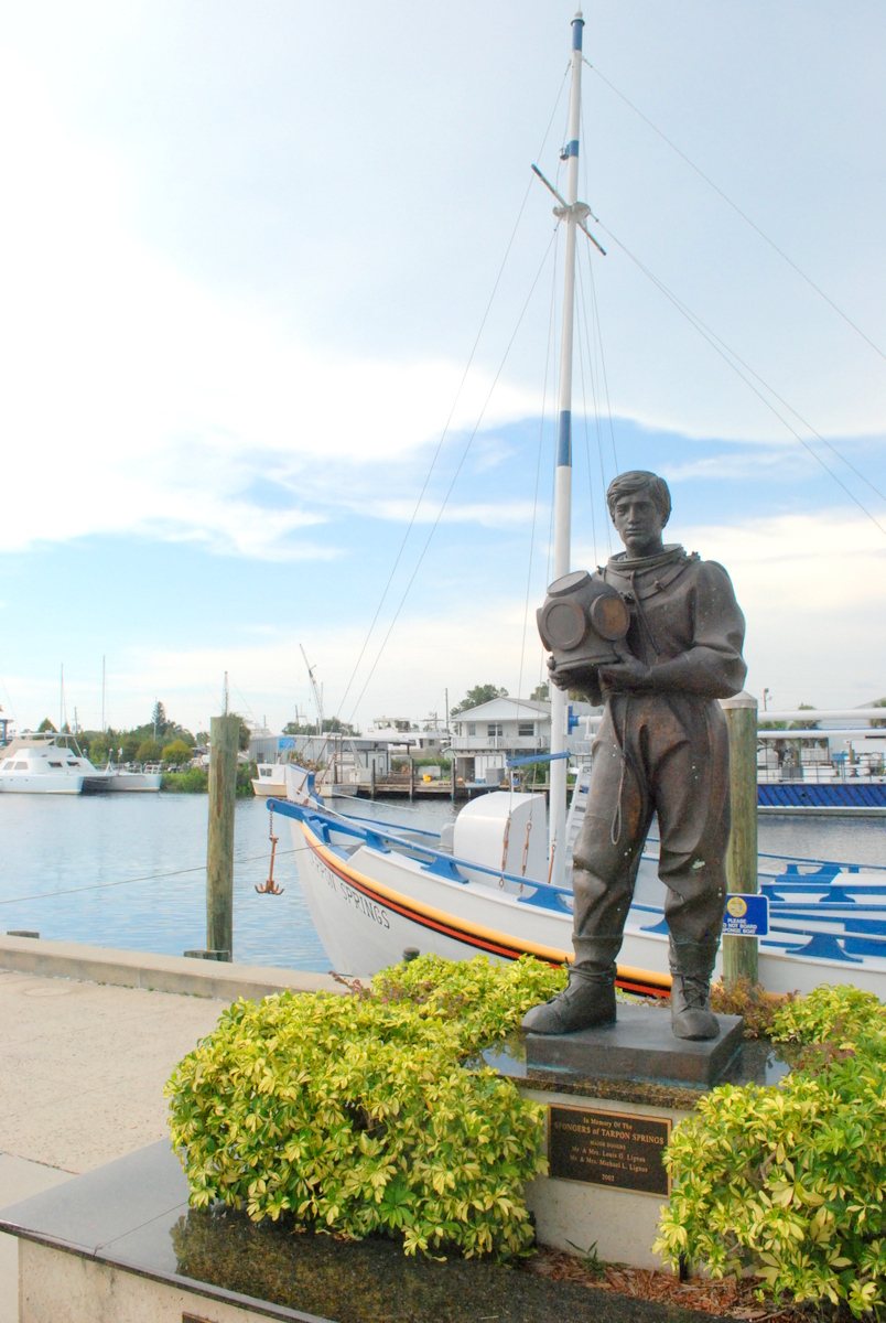 Fishing boats and shops along the historic sponge docks in Tarpon Springs