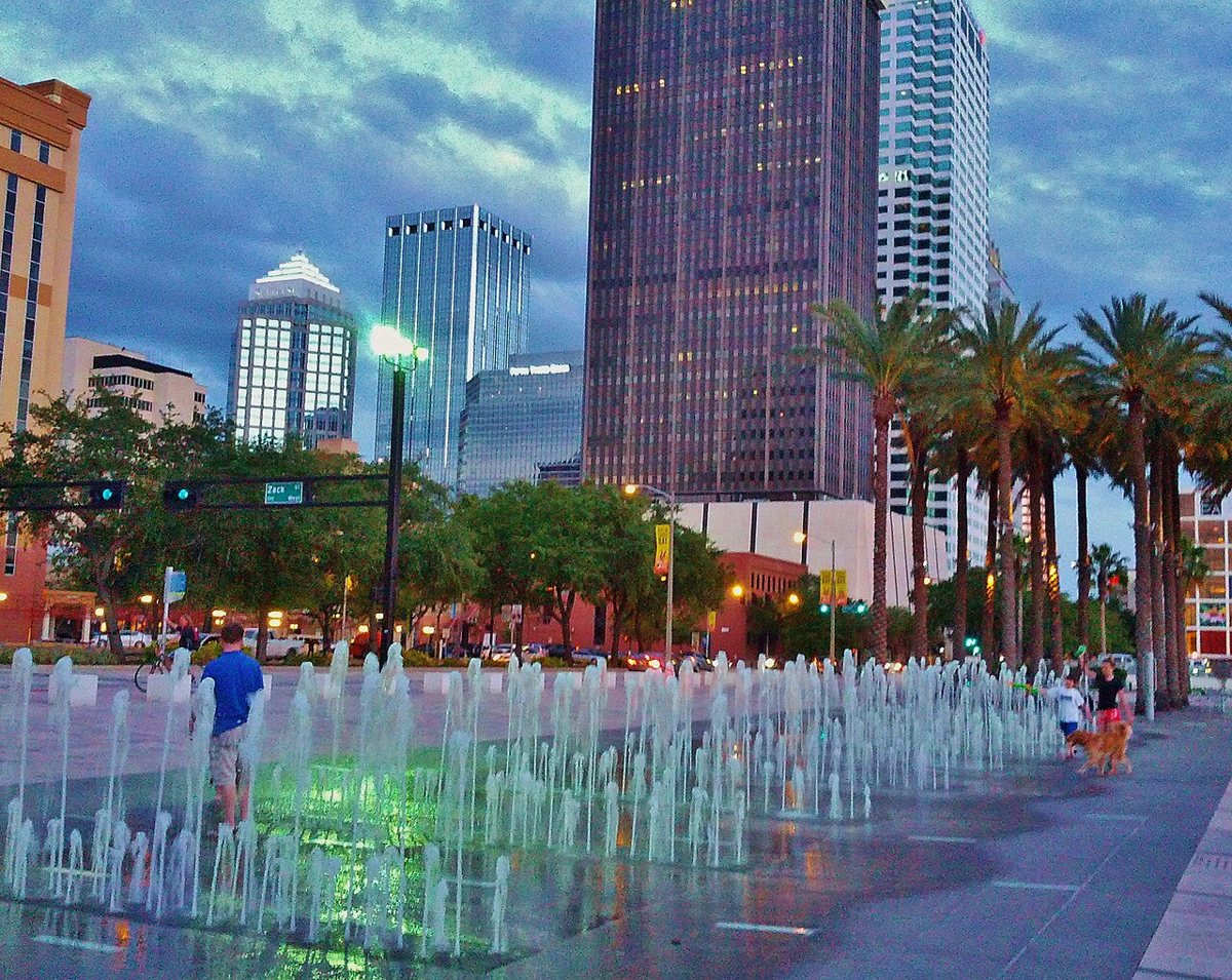The interactive fountains at Curtis Hixon Waterfront Park with the downtown Tampa skyline