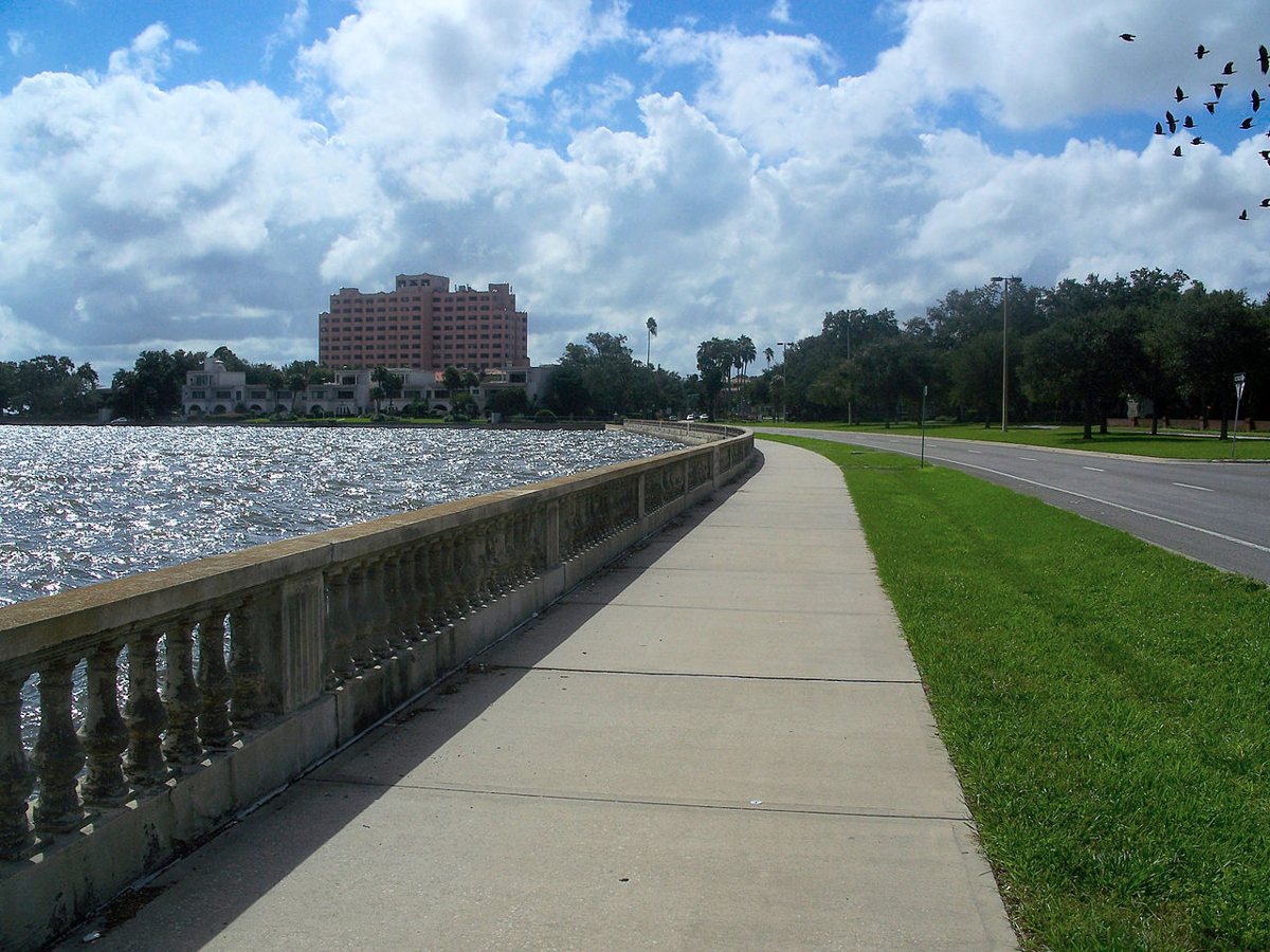 Bayshore Boulevard sidewalk along Hillsborough Bay with the Tampa skyline