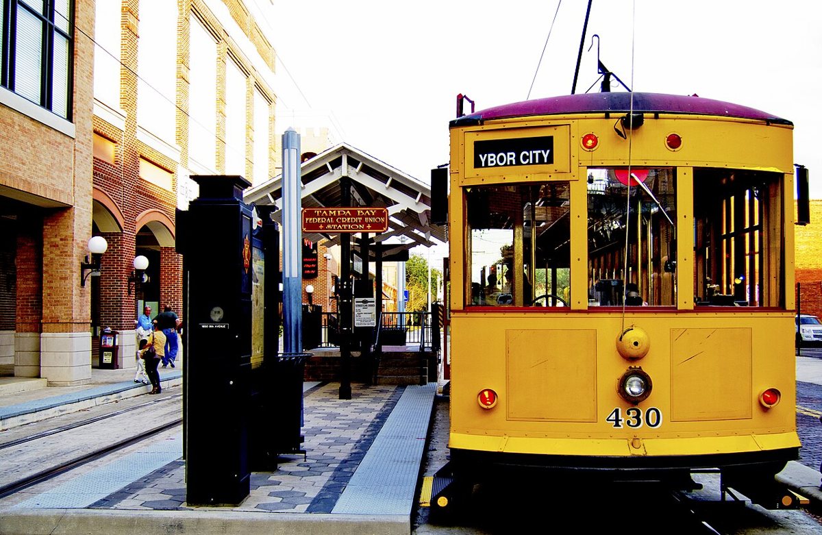 The TECO Line Streetcar running through Ybor City on historic rail