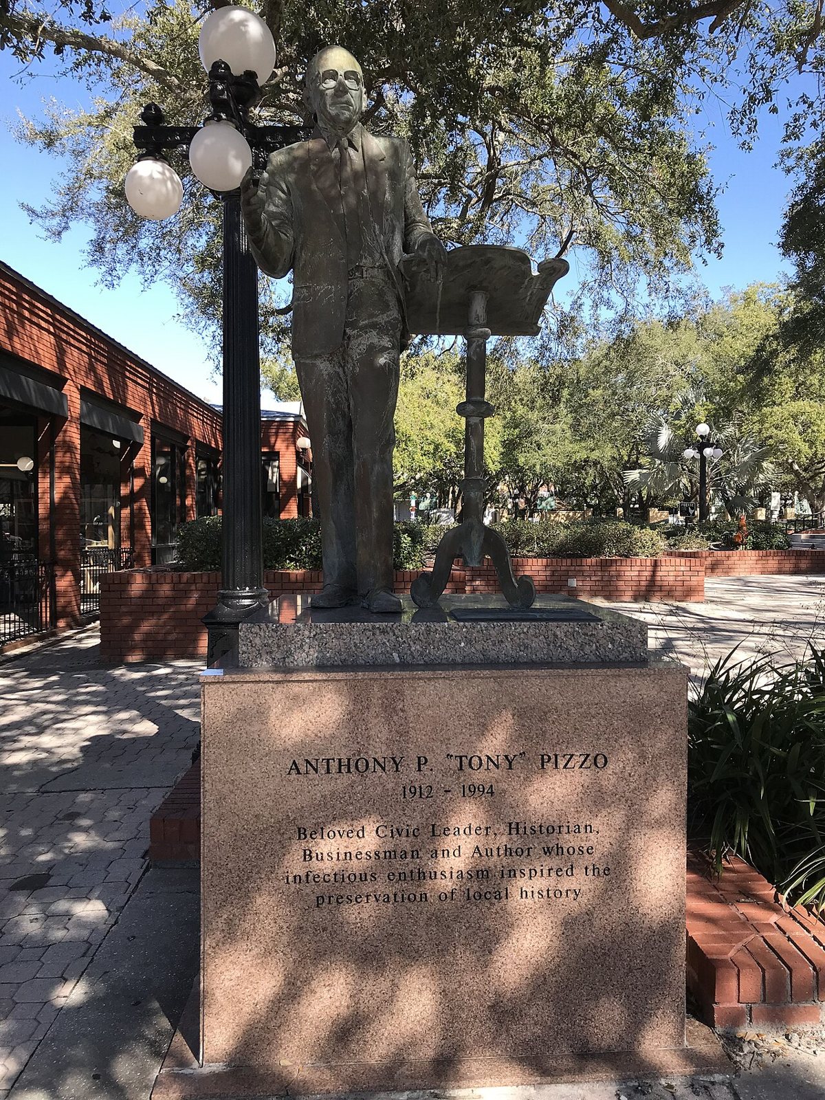 the Tony Pizzo memorial statue in Centennial Park, Ybor City